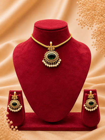 Elegant Emerald and White Stoned Pendant Necklace Set