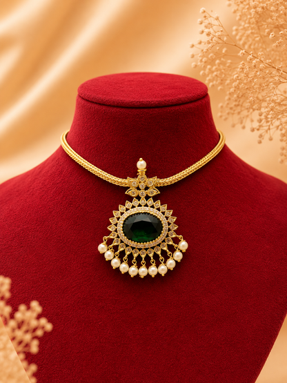 Elegant Emerald and White Stoned Pendant Necklace Set