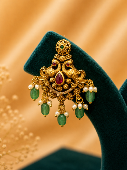 Antique Gold Peacock-Inspired Long Haaram Set with Green Bead Drops