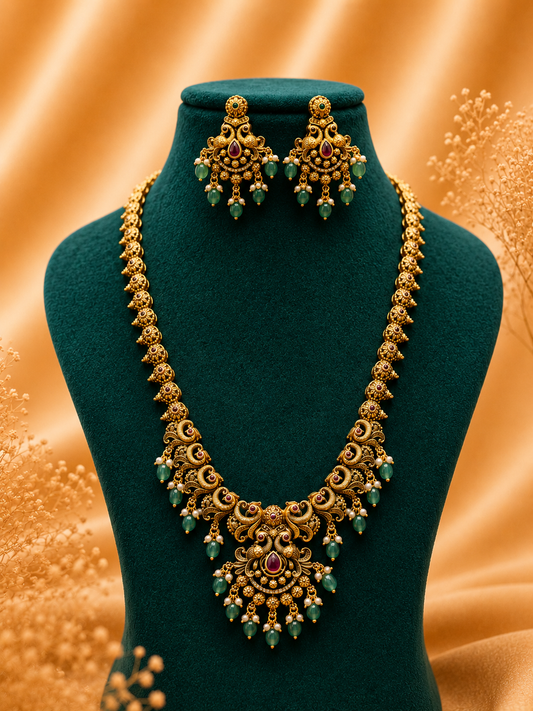 Antique Gold Peacock-Inspired Long Haaram Set with Green Bead Drops