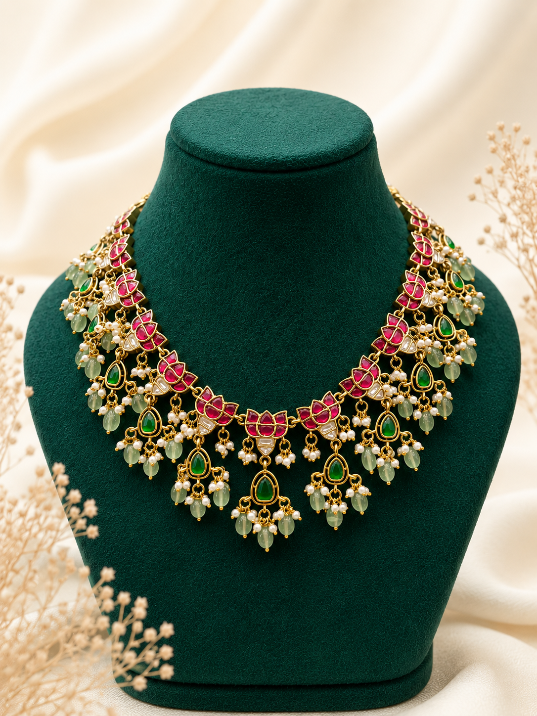 Statement Antique Elegant Jadau Necklace Set with Lotus Motifs