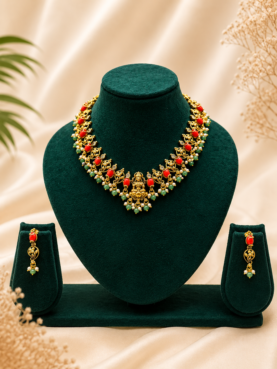 Antique Gold-Plated Lakshmi Necklace Set with Coral Beads & Mango Motifs