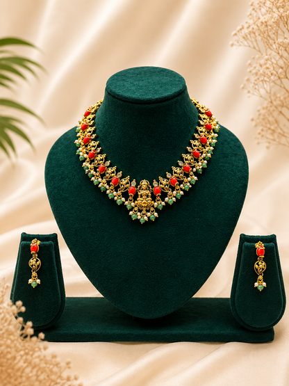 Antique Gold-Plated Lakshmi Necklace Set with Coral Beads & Mango Motifs