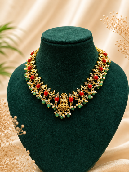 Antique Gold-Plated Lakshmi Necklace Set with Coral Beads & Mango Motifs