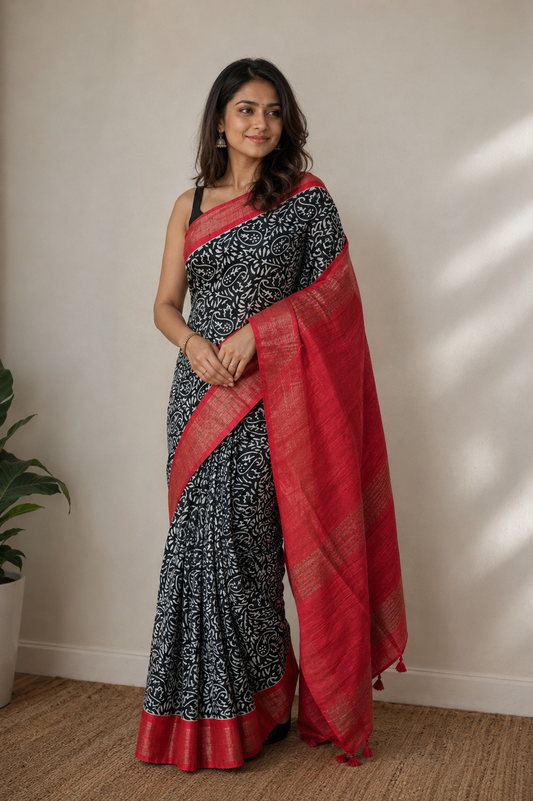 Pure Giccha Silk Saree Monochrome Body with Paisley Floral Motifs