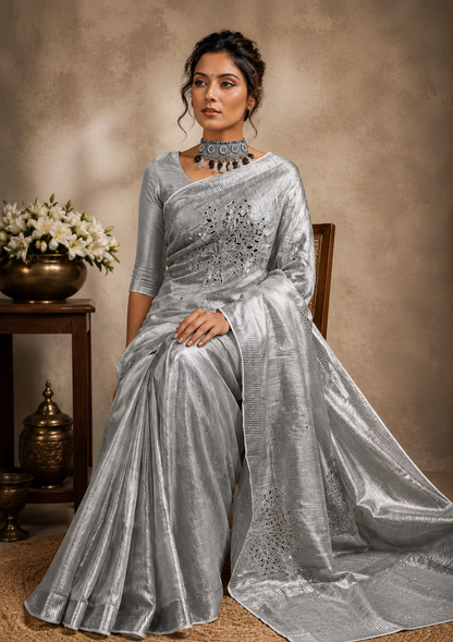 Hand Embroidered Pure Tissue Linen Silk Saree - Silver Grey