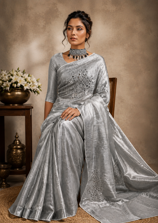 Hand Embroidered Pure Tissue Linen Silk Saree - Silver Grey
