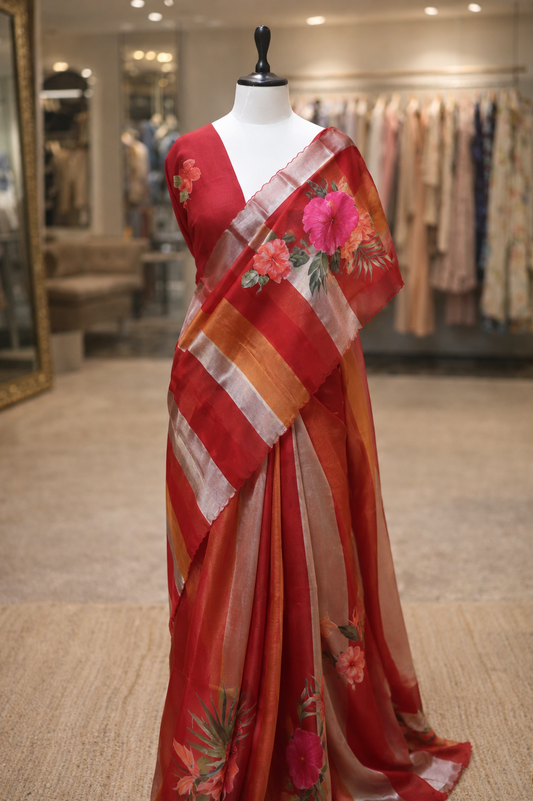 Pure Tissue Organza T Silk Saree with Digital Floral Print - Vermillion Red