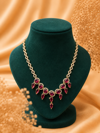 Elegant Gold Finish Necklace Set with Ruby Pink & White Stones