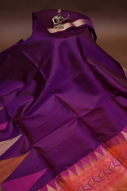 Pure Soft Silk Saree - Deep Royal Purple with Orange and Pink