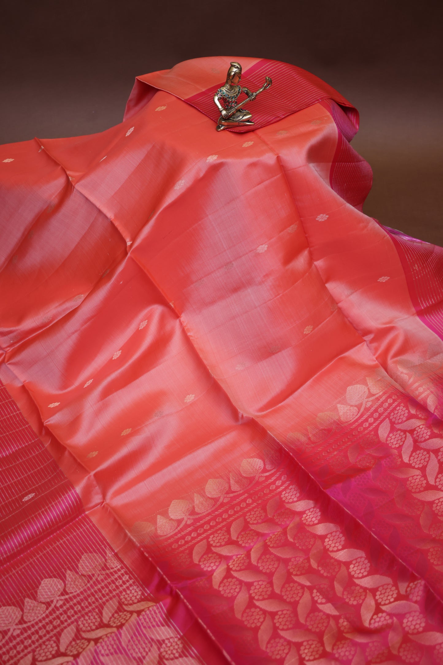 Pure Soft Silk Saree - Peach with Hot Pink