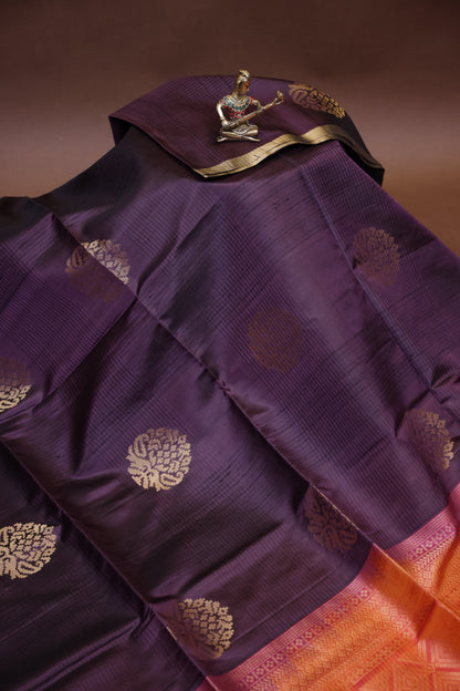 Pure Soft Silk Saree - Deep Plum Purple with Orange