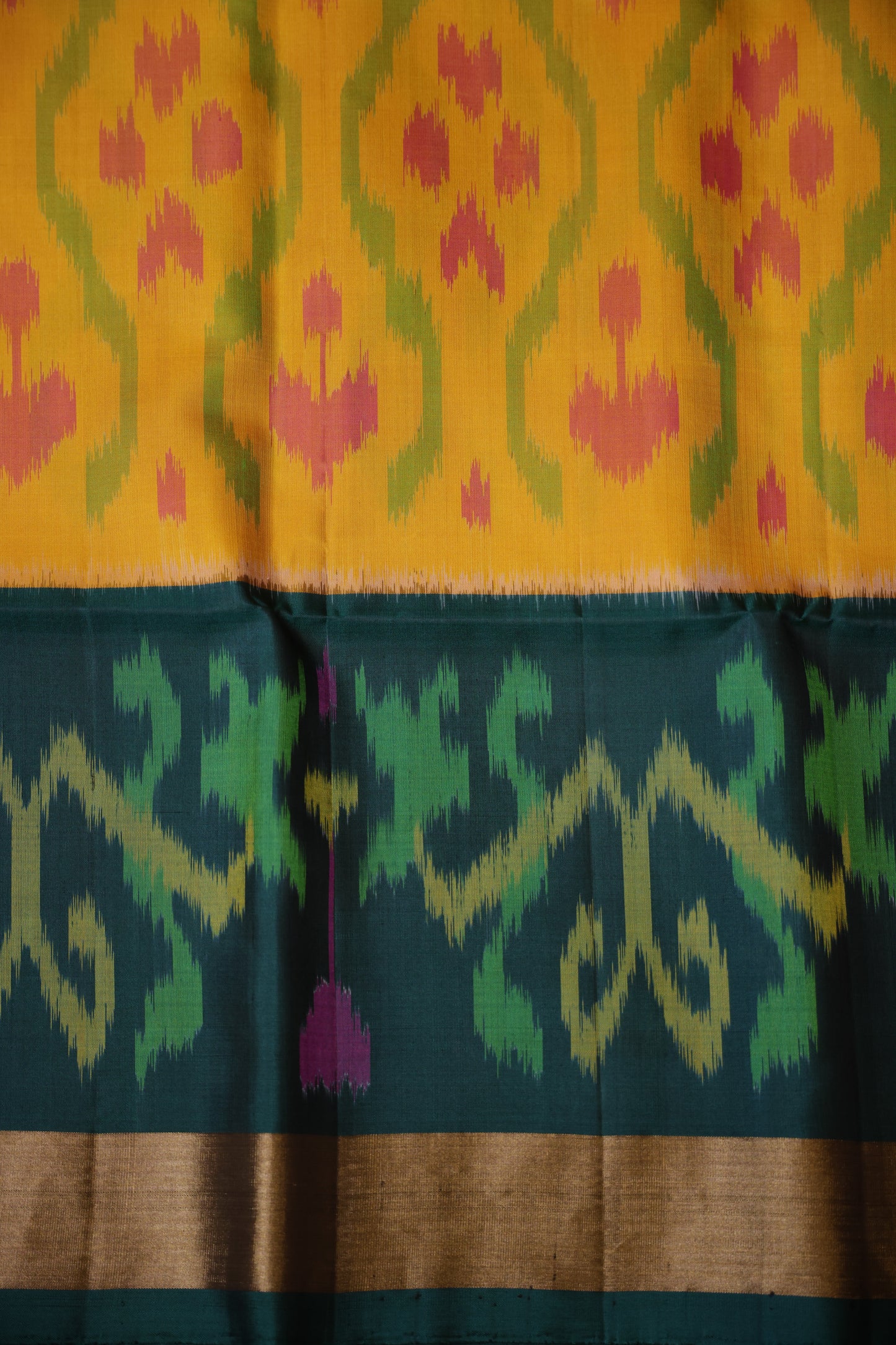 Pure Ikkat Soft Silk Saree - Mustard Yellow & Bottle Green