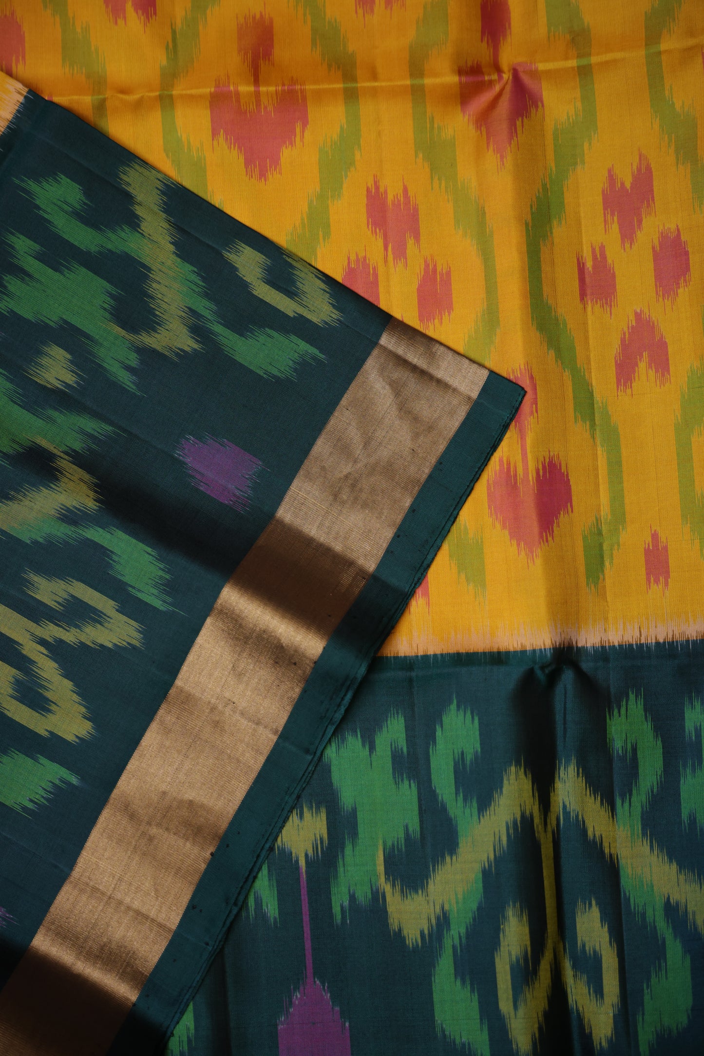 Pure Ikkat Soft Silk Saree - Mustard Yellow & Bottle Green