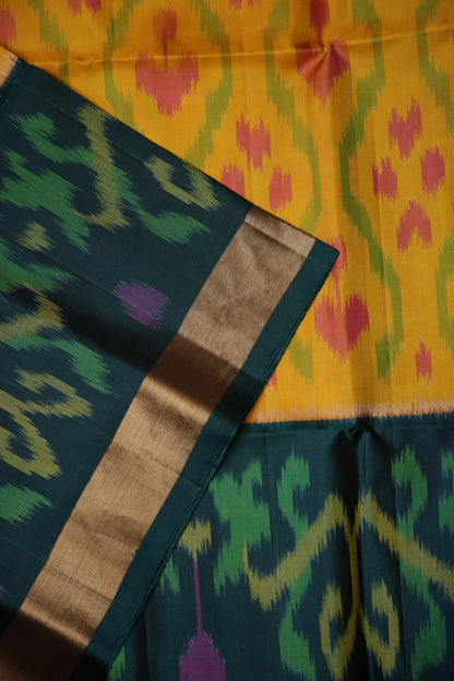 Pure Ikkat Soft Silk Saree - Mustard Yellow & Bottle Green