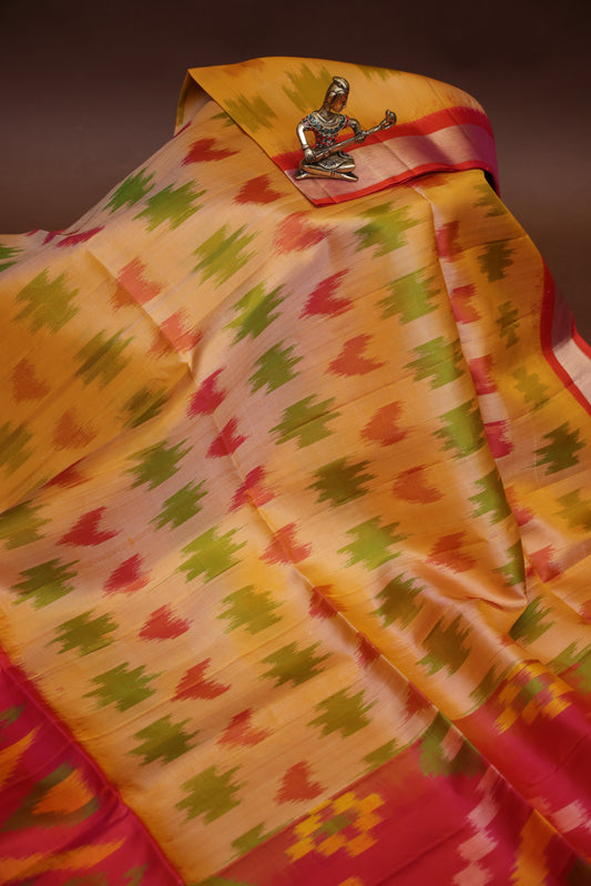 Pure Ikkat Soft Silk Saree - Beige & Orange