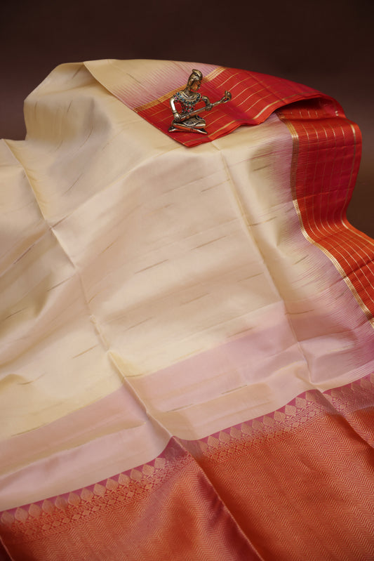 Pure Soft Silk Saree - Half White with Orange and Pink