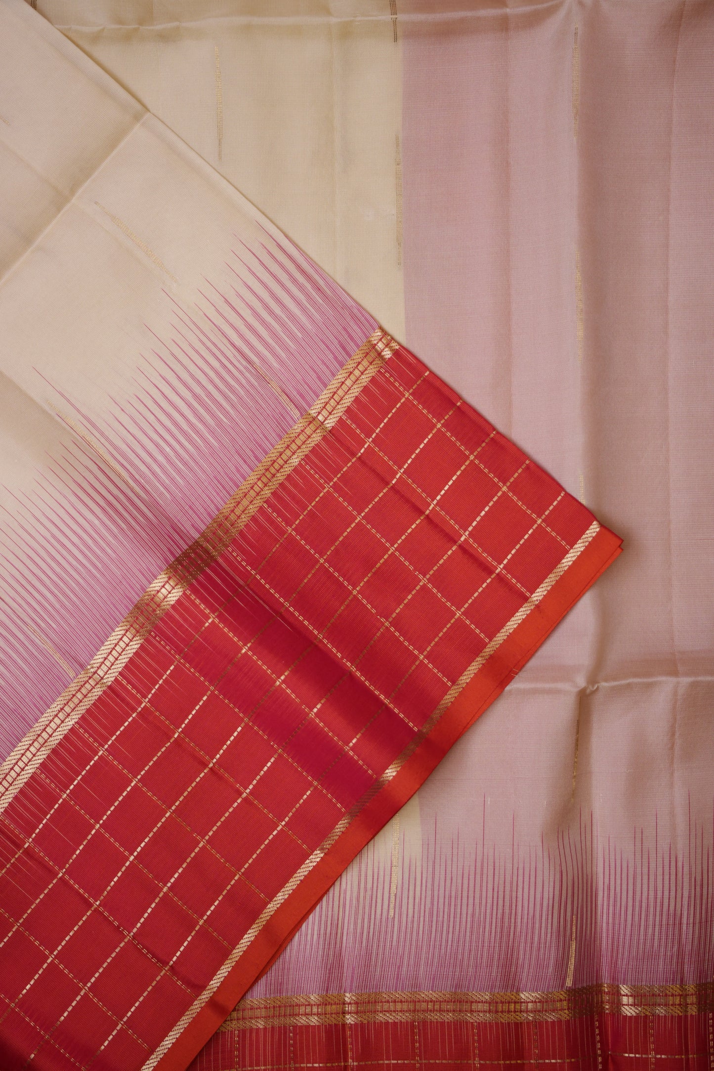 Pure Soft Silk Saree - Half White with Orange and Pink