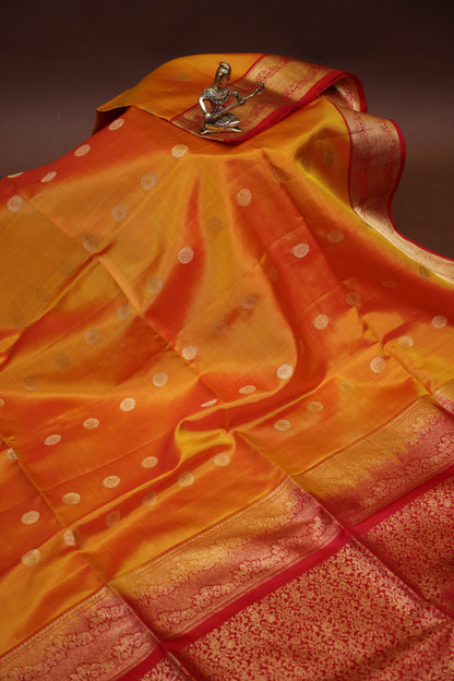 Pure Soft Silk Saree - Golden Yellow with Orange and Red