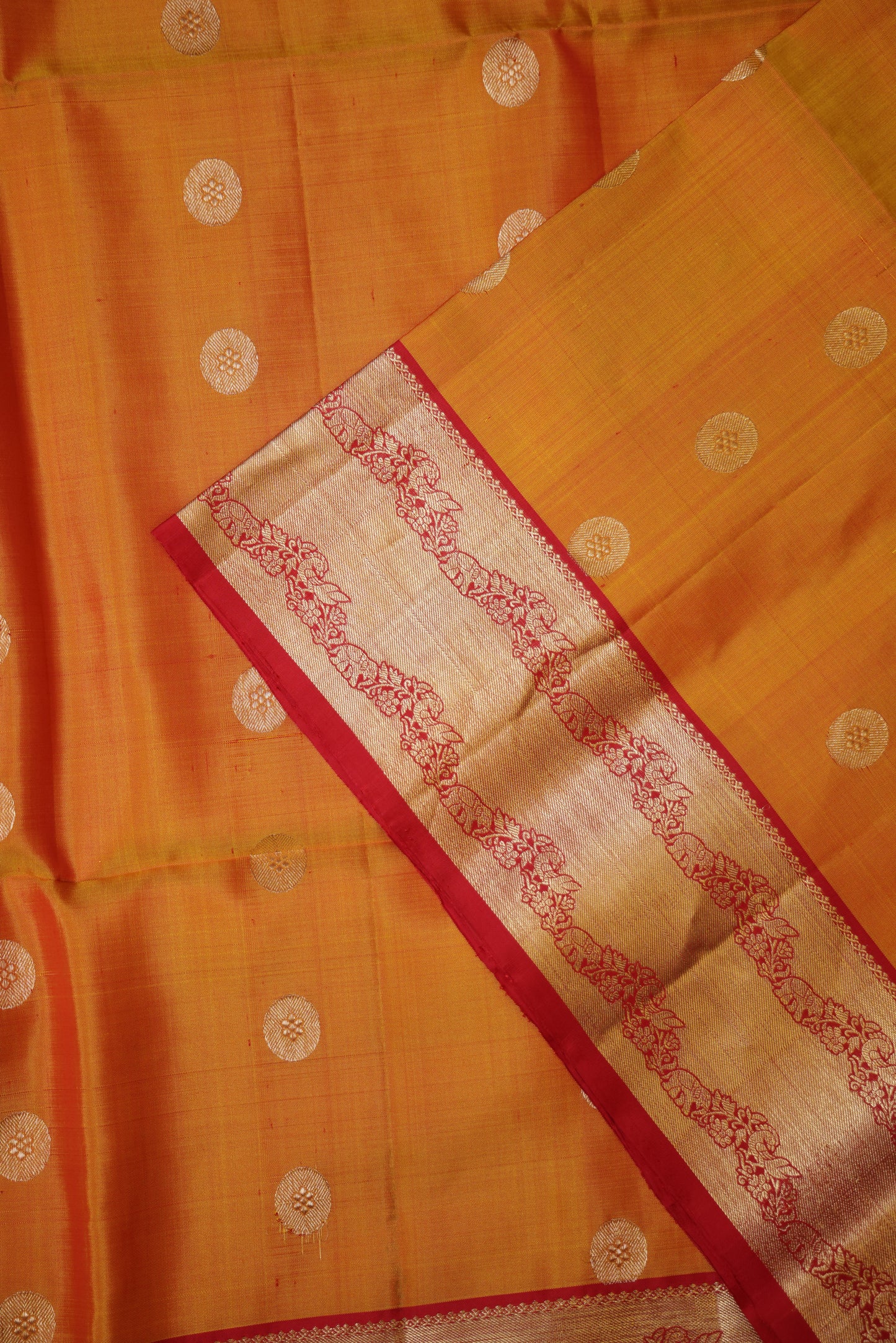 Pure Soft Silk Saree - Golden Yellow with Orange and Red