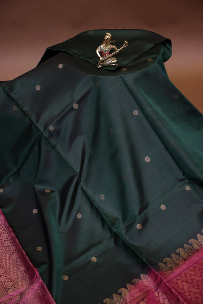 Pure Soft Silk Saree - Deep Bottle Green with Pink