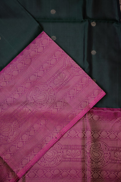 Pure Soft Silk Saree - Deep Bottle Green with Pink