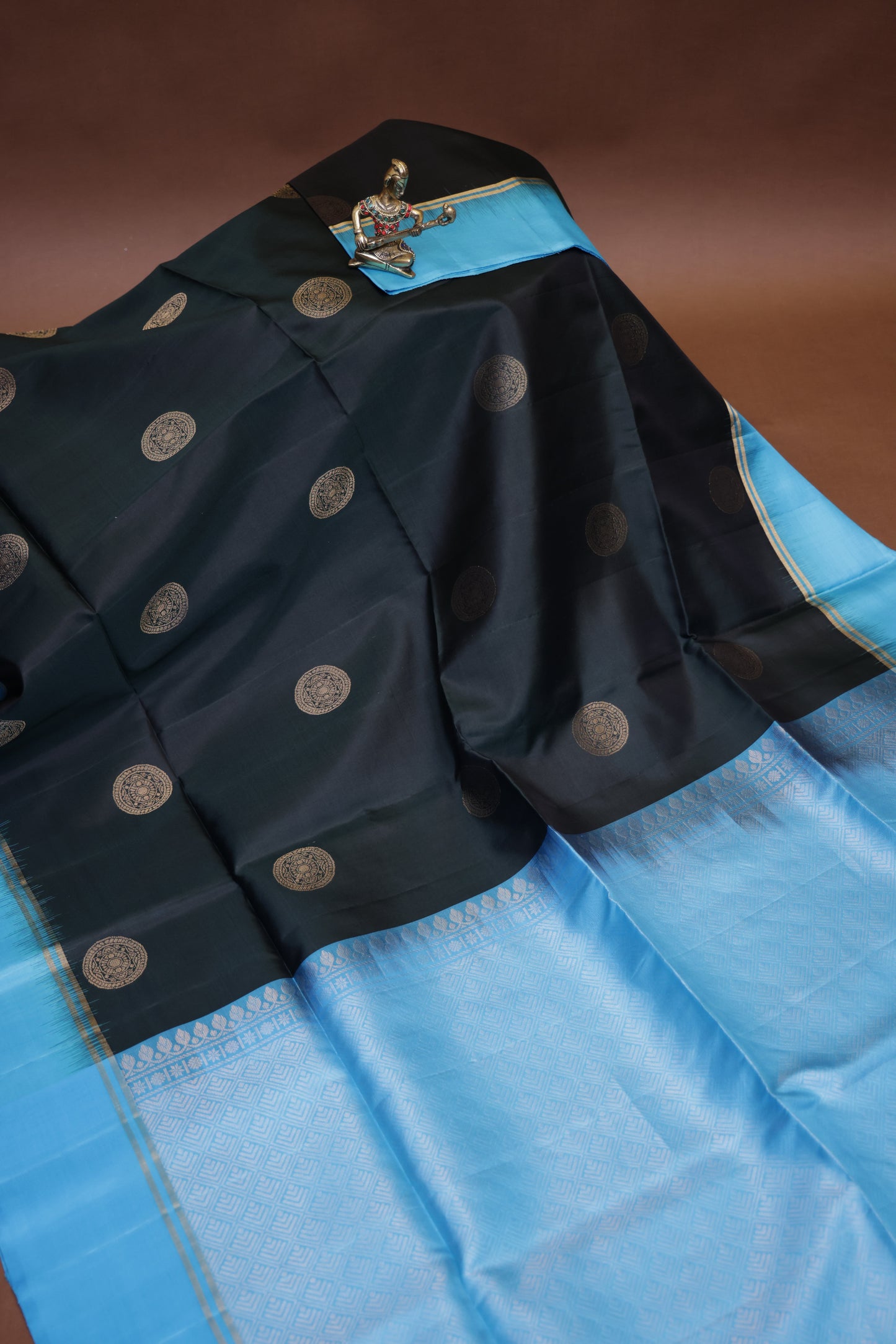 Pure Soft Silk Saree - Deep Green with Sky Blue