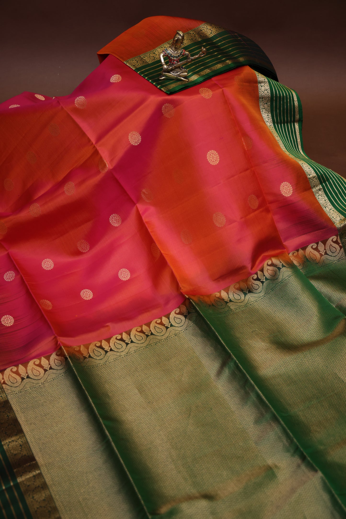 Pure Soft Silk Saree - Pink and Orange with Deep Green