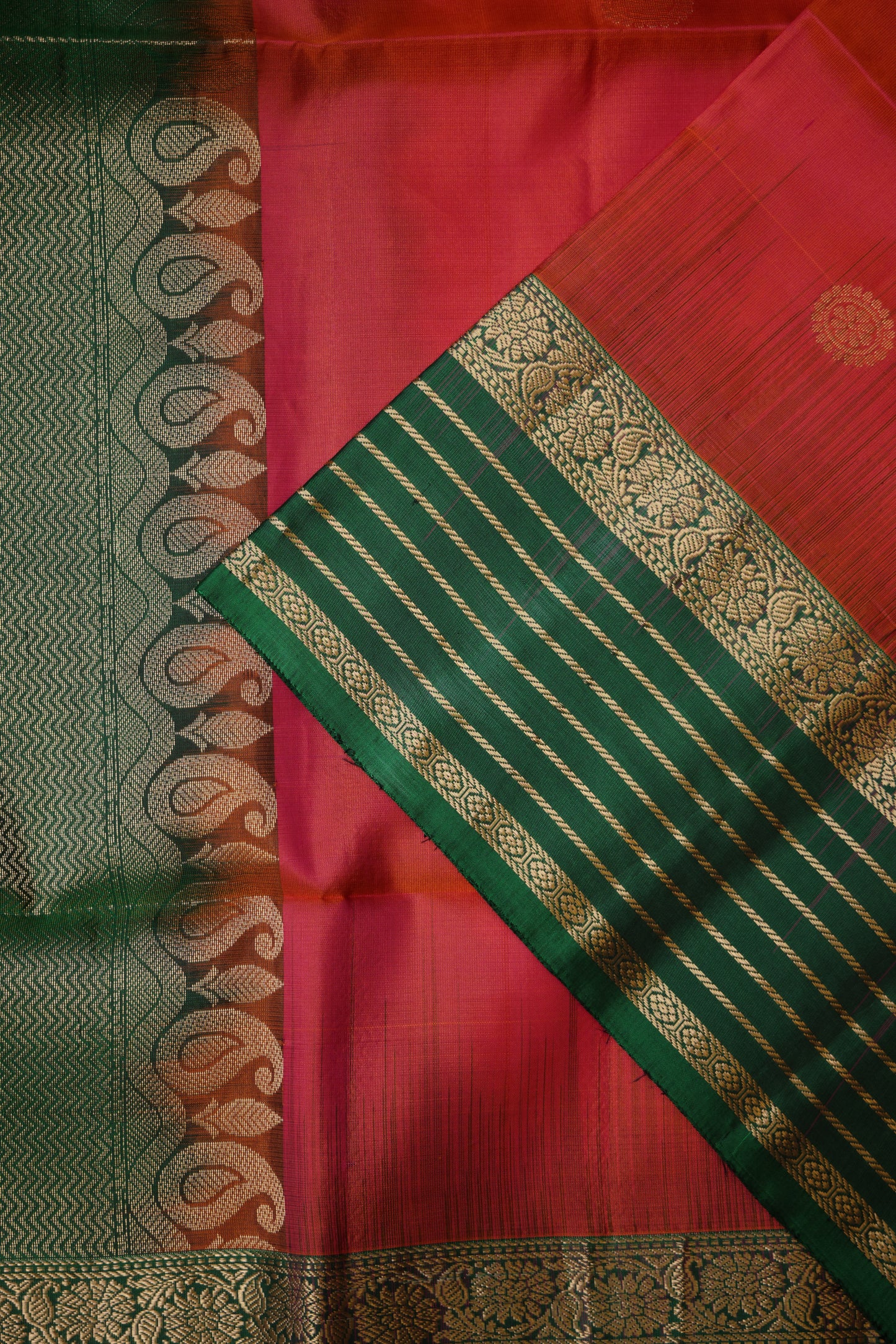 Pure Soft Silk Saree - Pink and Orange with Deep Green