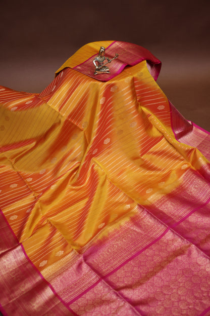 Pure Soft Silk Saree - Mustard Yellow with Hot Pink