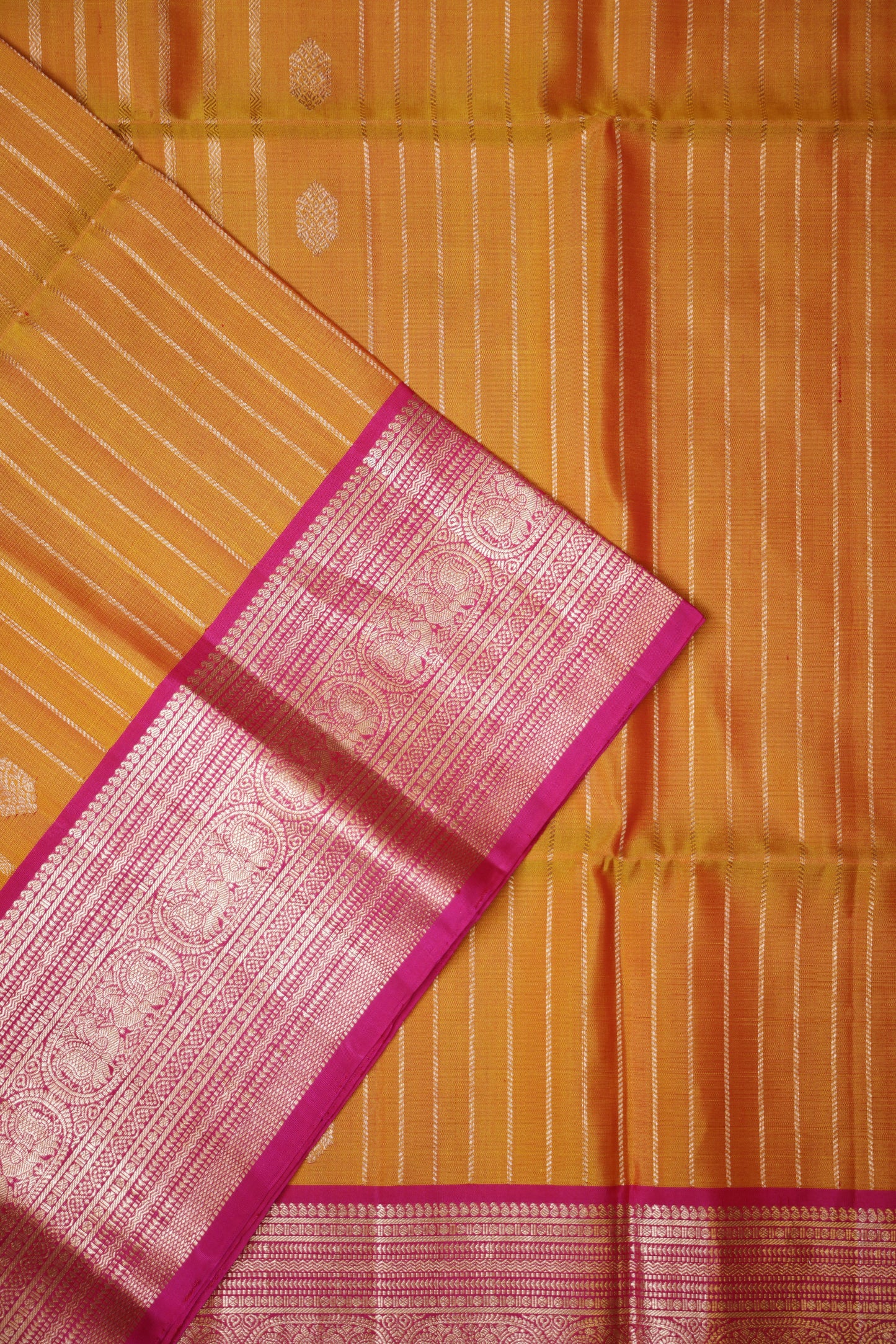 Pure Soft Silk Saree - Mustard Yellow with Hot Pink