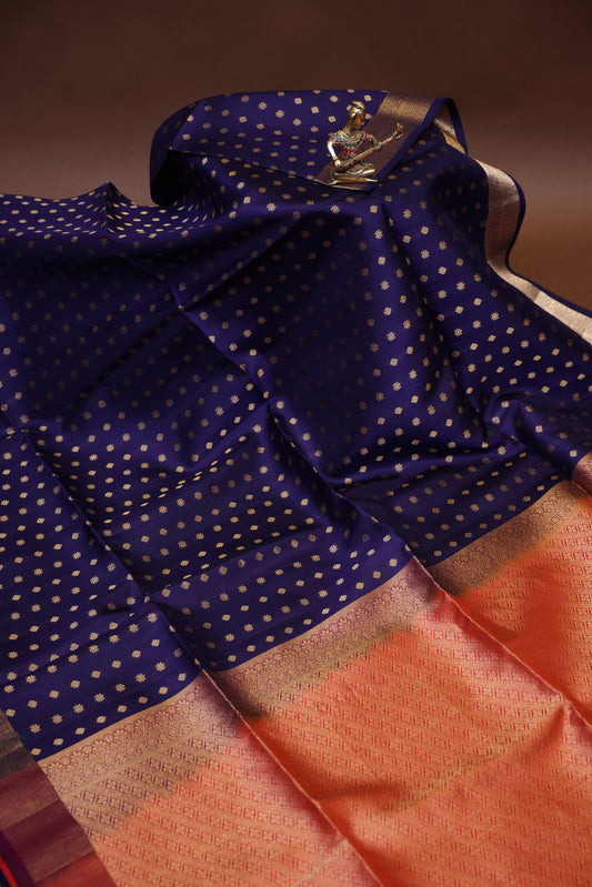 Pure Soft Silk Saree - Royal Blue and Orange