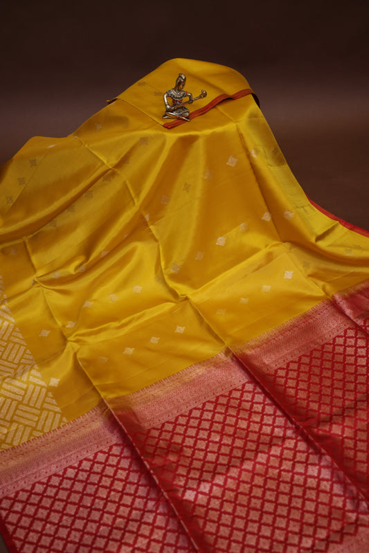 Pure Soft Silk Saree in Yellow - Yellow & Red