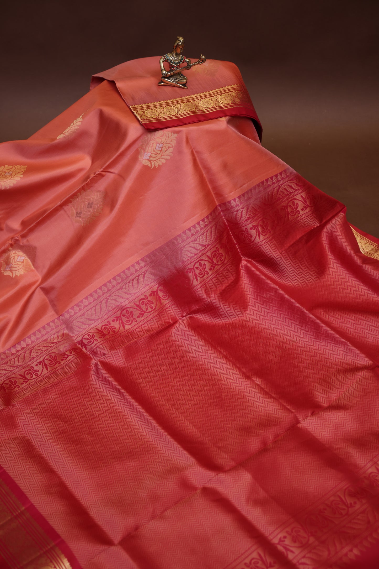 Pure Soft Silk Saree - Coral Pink & red