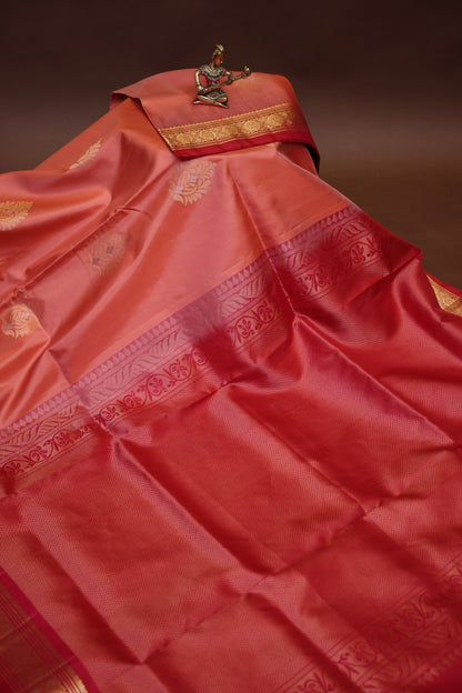 Pure Soft Silk Saree - Coral Pink & red