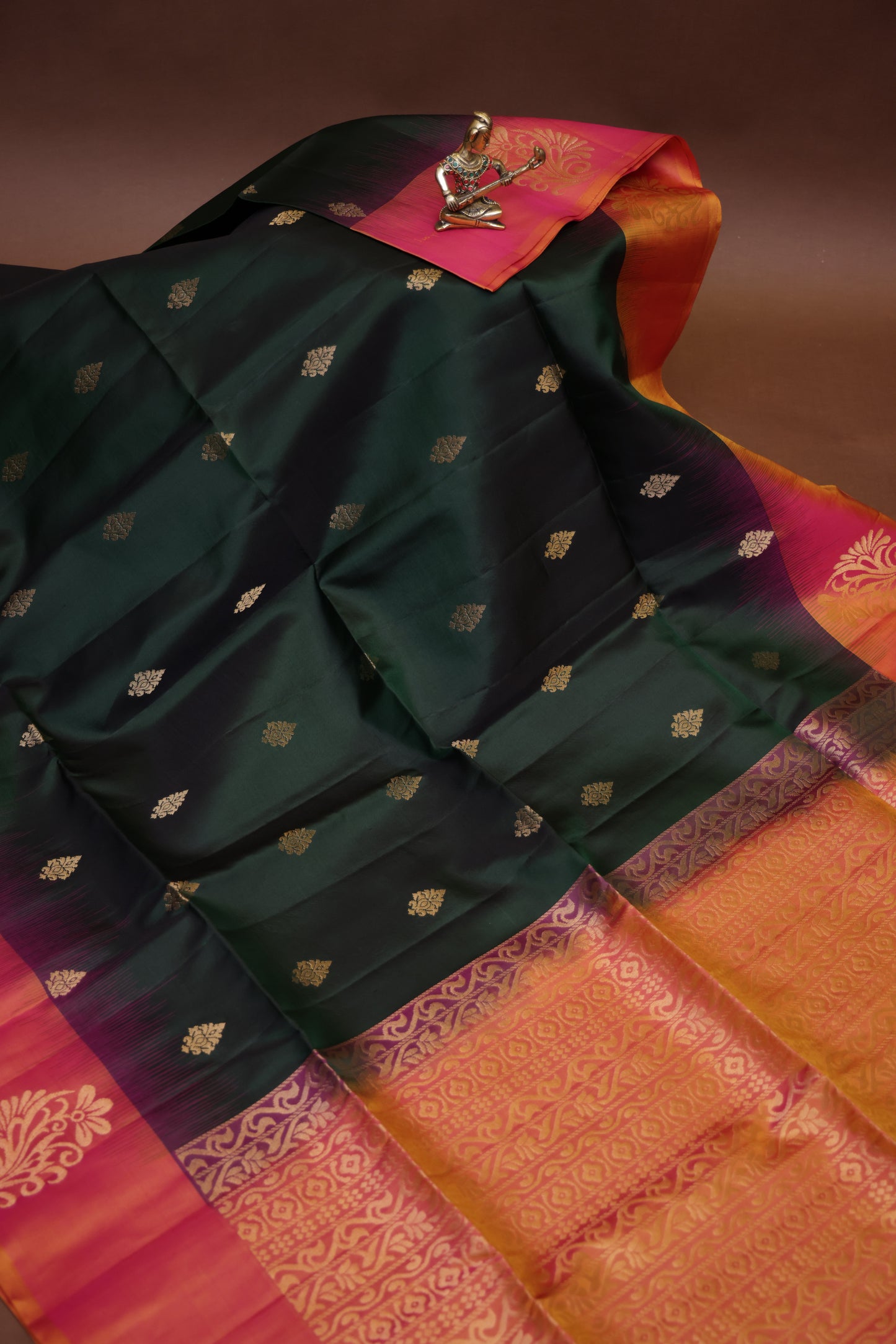 Pure Soft Silk Saree - Bottle Green & Orange