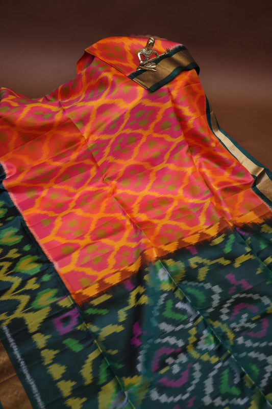 Pure Ikkat Soft Silk Saree - Peachy Pink & Bottle Green