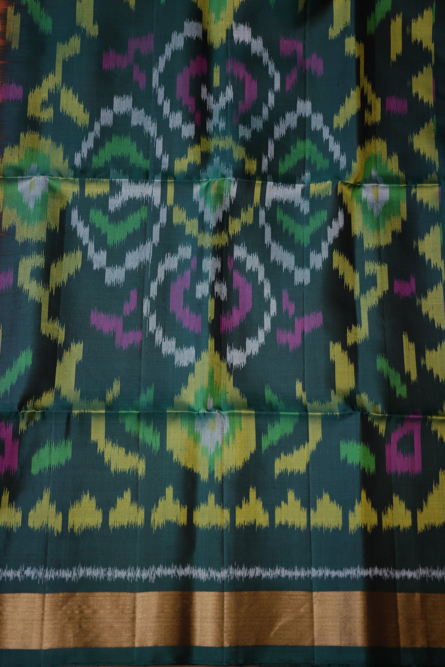 Pure Ikkat Soft Silk Saree - Peachy Pink & Bottle Green
