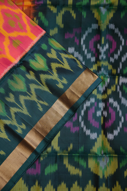 Pure Ikkat Soft Silk Saree - Peachy Pink & Bottle Green