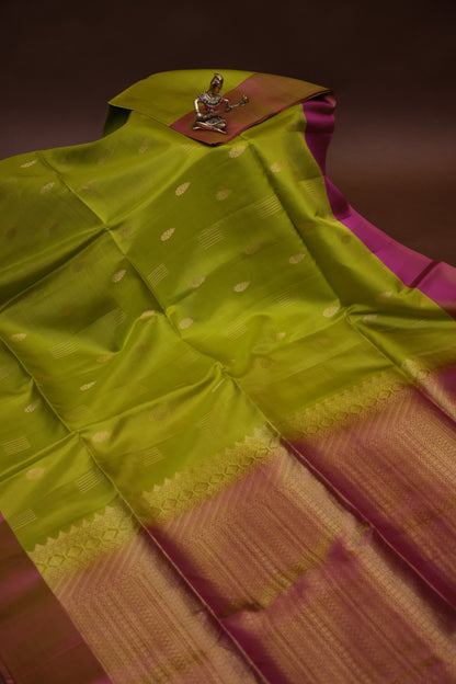 Pure Soft Silk Saree - Parrot Green with Pink