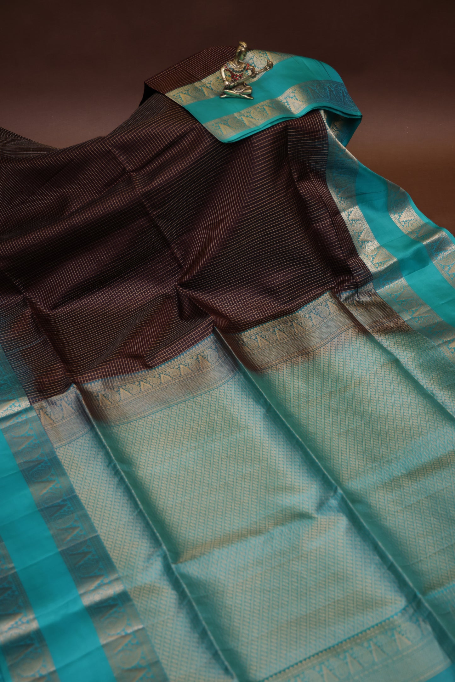 Pure Soft Silk Saree - Chocolate Brown and Turquoise Blue