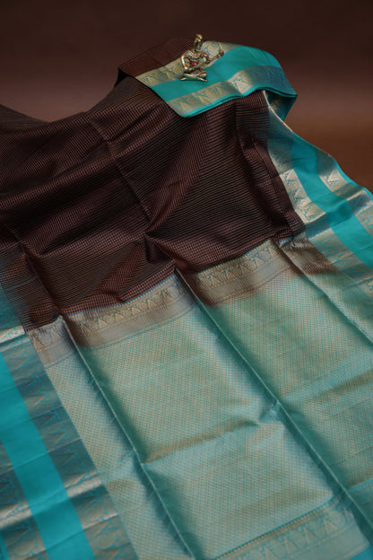 Pure Soft Silk Saree - Chocolate Brown and Turquoise Blue