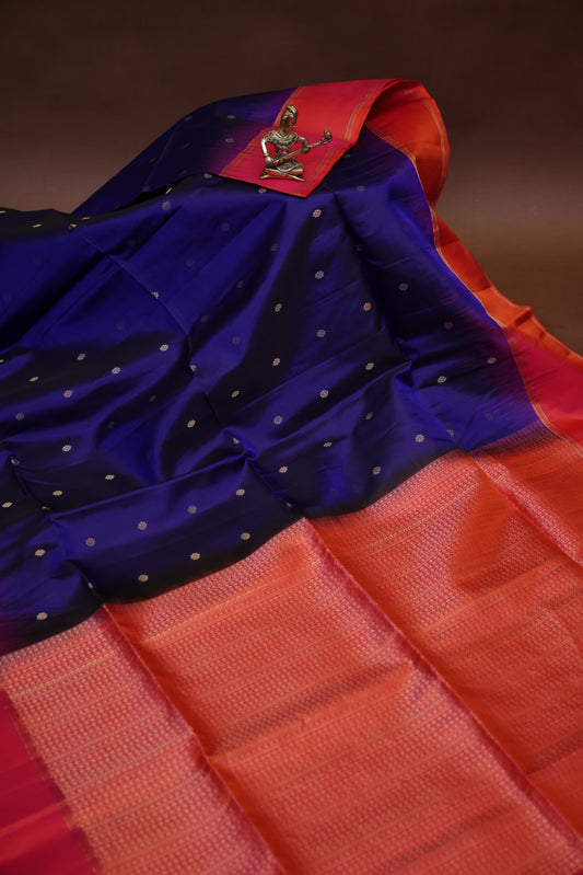 Pure Soft Silk Saree - Royal Blue with Pink and Orange