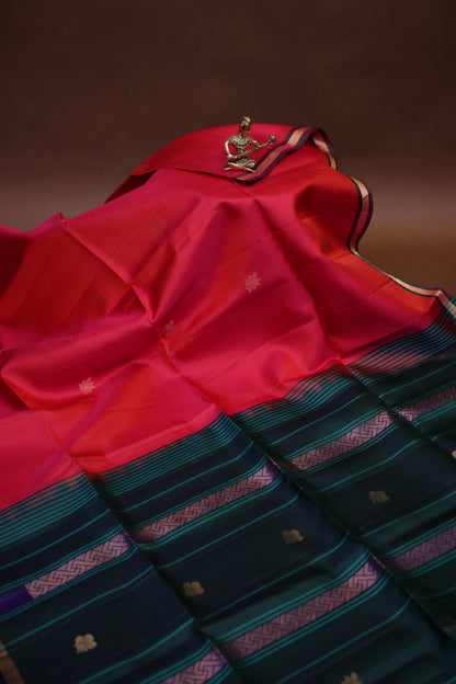 Pure Soft Silk Saree - Pink with Deep Emerald Green