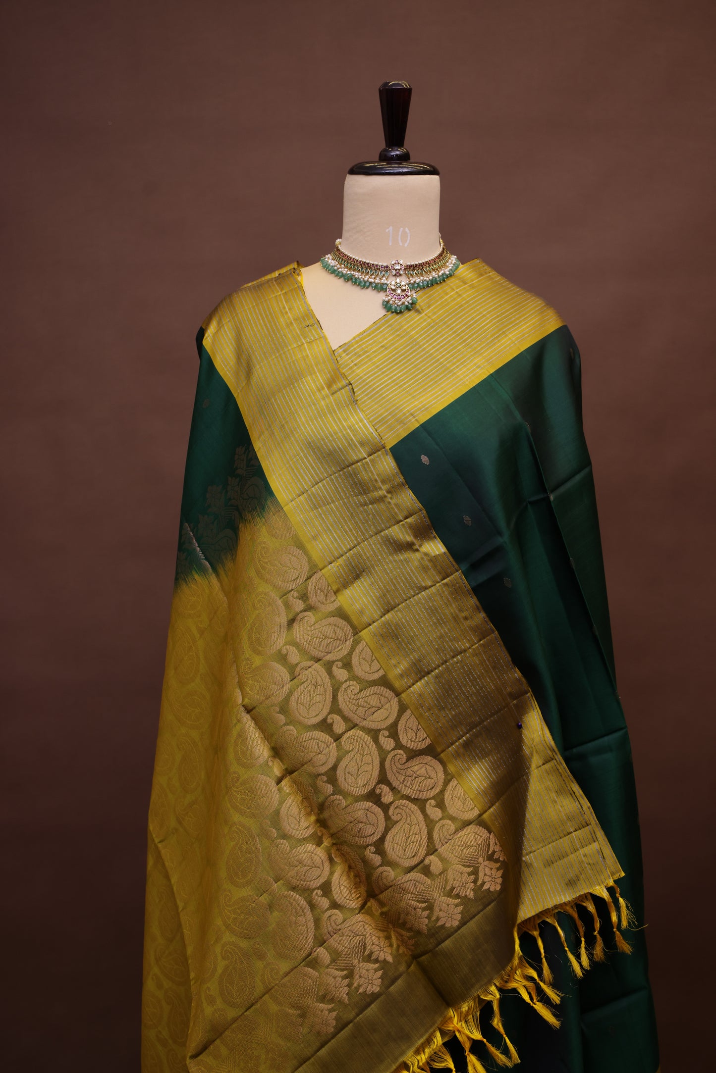 Pure Soft Silk Saree - Bottle Green & Mustard Yellow