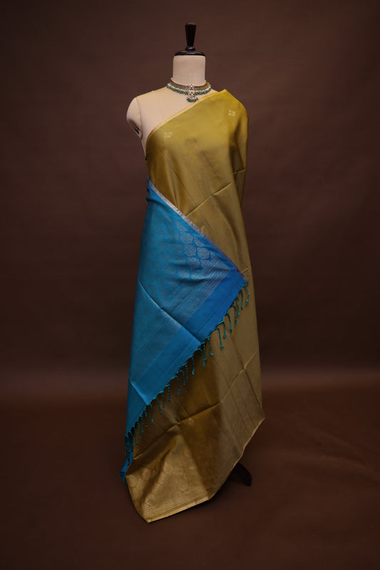 Pure Soft Silk Saree - Mehendi Green with Teal Blue