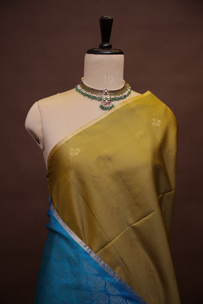 Pure Soft Silk Saree - Mehendi Green with Teal Blue
