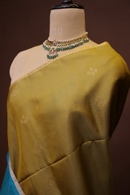 Pure Soft Silk Saree - Mehendi Green with Teal Blue