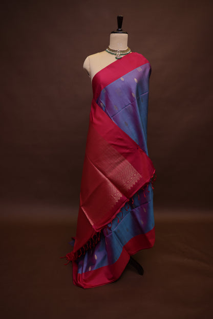 Pure Soft Silk Saree - Blue-Violet with Pink Border