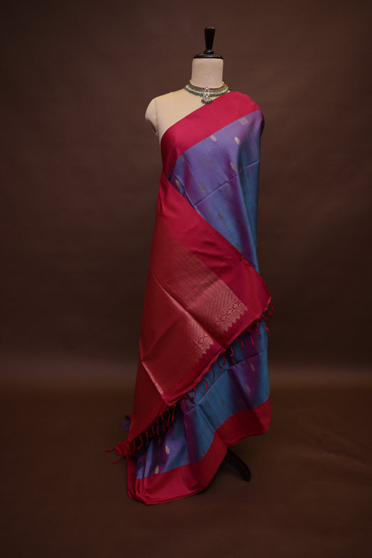 Pure Soft Silk Saree - Blue-Violet with Pink Border